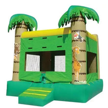 Inflatable bouncy castle with palm roof, giraffe print panel, green and yellow play area