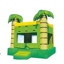 Inflatable bouncy castle with palm tree roof, green and yellow desert-style play area