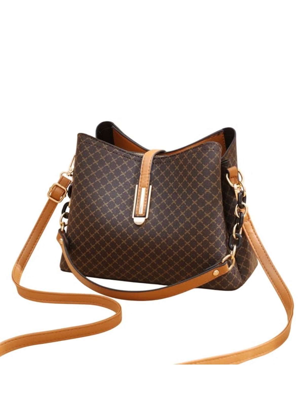 Huitich designer inspired shoulder bag for women in brown with tan straps and gold chain detail