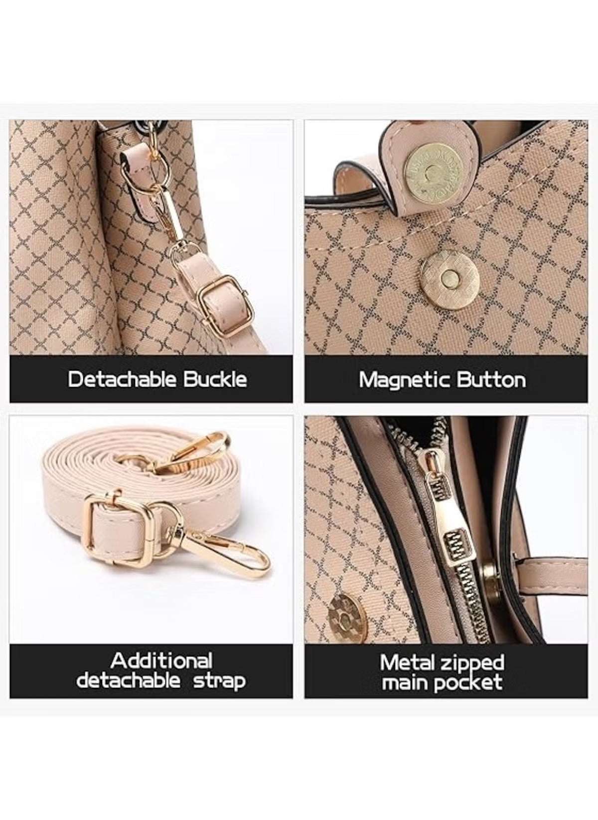 Huitich designer inspired shoulder bag for women featuring detachable buckle, magnetic button, additional strap, and metal zipped pocket