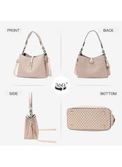 Huitich designer inspired shoulder bag for women in beige with quilted pattern shown from all angles