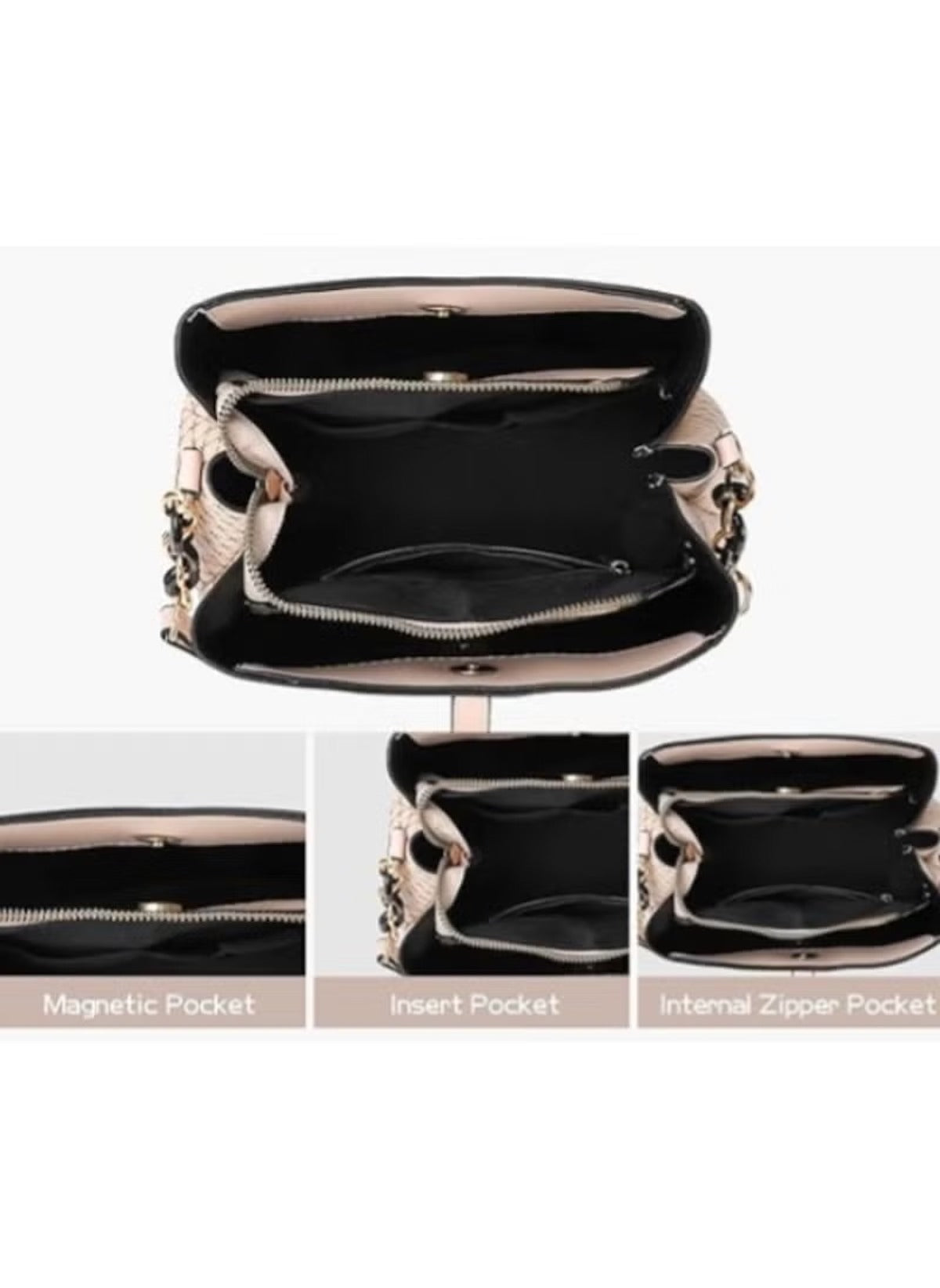 Huitich beige designer inspired shoulder bag for women showing multiple internal pockets and compartments
