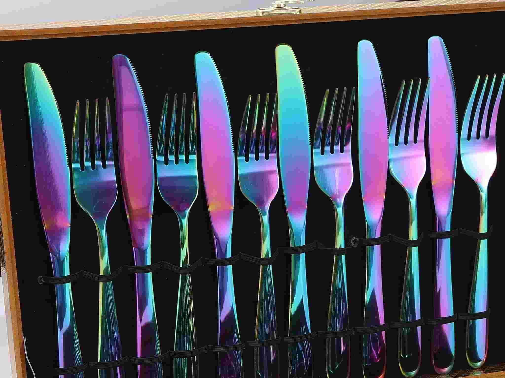 Huitich modern rainbow spoon fork knife set steel cutlery set in colorful iridescent finish inside wooden box