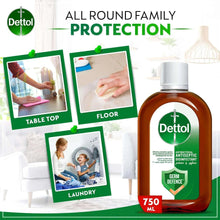 Dettol antiseptic disinfectant bottle, 750 ml, with floor and laundry icons