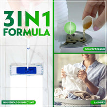 3-in-1 formula household disinfectant infographic with drain, laundry, and floor icons