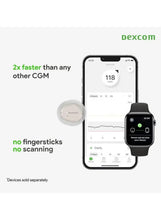 Dexcom G7 sensor with applicator, receiver watch, and phone app display