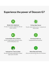 Dexcom G7 sensor kit feature icons and overview card