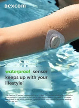 Dexcom G7 waterproof sensor on forearm near pool water