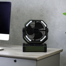 Rechargeable desk fan with LED light, front view with black grille and olive base