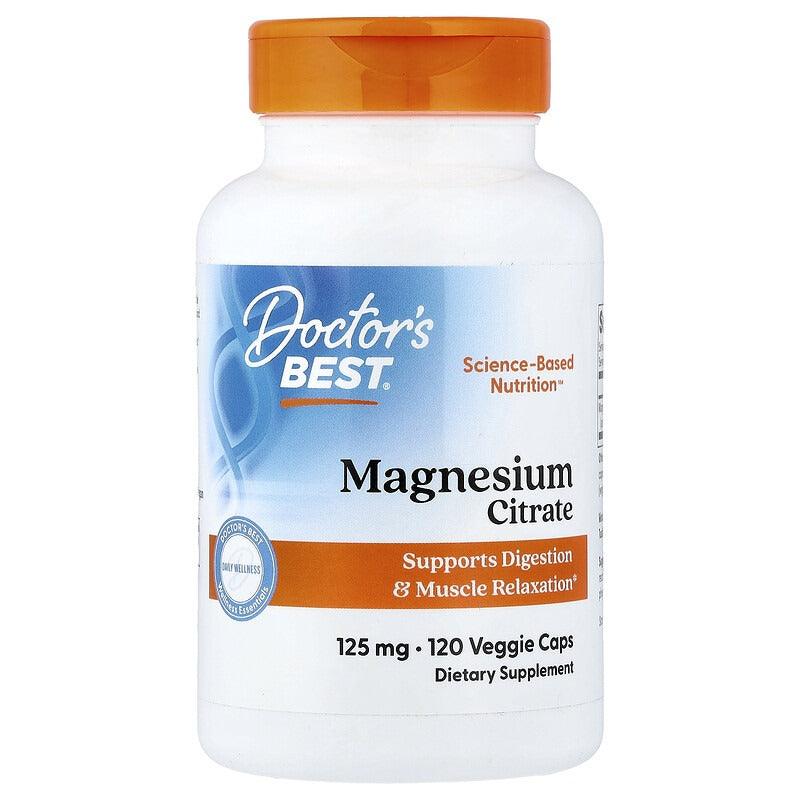 Magnesium citrate supplement bottle with orange cap, white label, 125 mg, 120 veggie caps