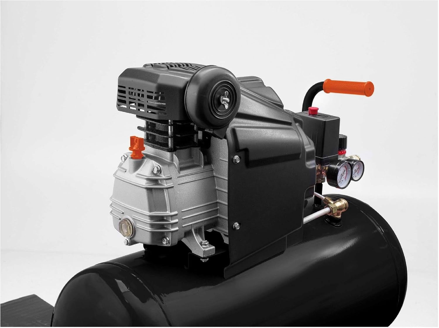 Portable air compressor with black tank, orange handle and control panel, visible gauges