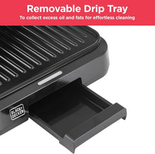 Black+Decker panini grill with removable drip tray and front tray opening for grease