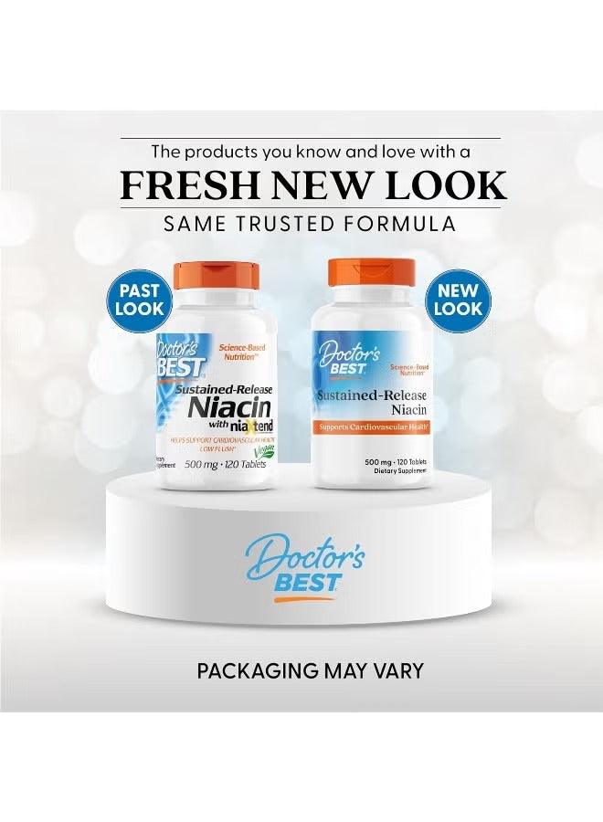 Sustained-release niacin supplement bottles on display; packaging may vary