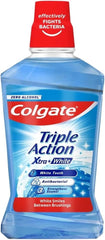 Blue Colgate Triple Action mouthwash bottle, zero alcohol, white teeth and antibacterial