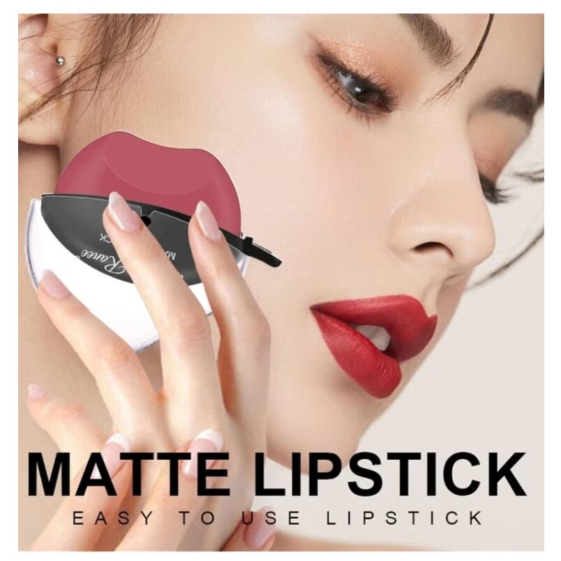 Huitich matte peach pink lipstick held near a woman's face with smooth skin and red lips
