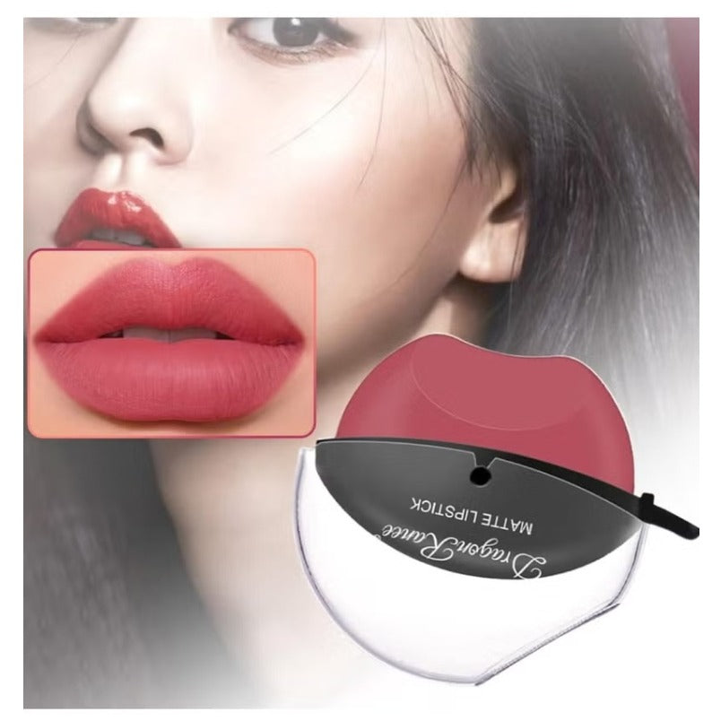 Huitich matte peach pink lipstick shown on lips with sleek black and transparent case