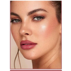 Close-up of a woman wearing Huitich matte peach pink lipstick with flawless skin and natural makeup