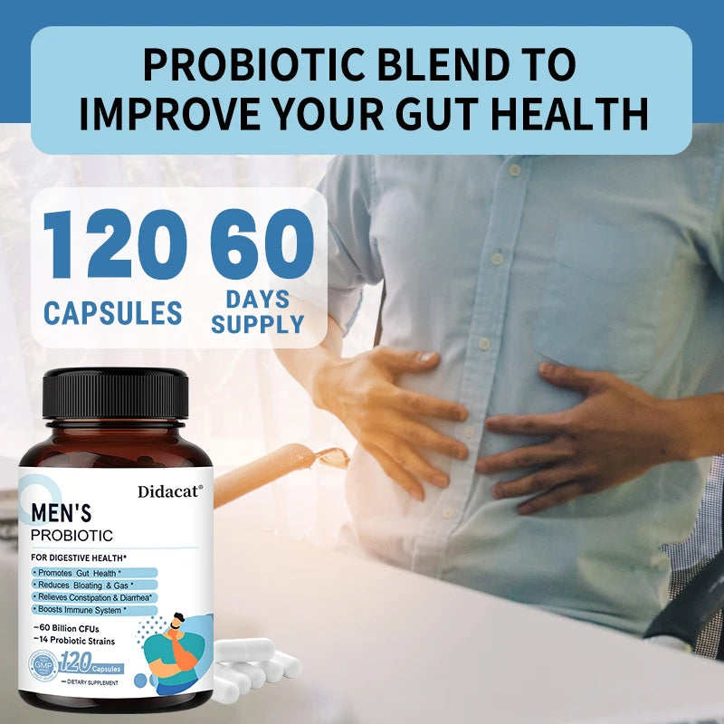 Mumzar men's probiotic supplement in a bottle with 120 capsules for gut health support