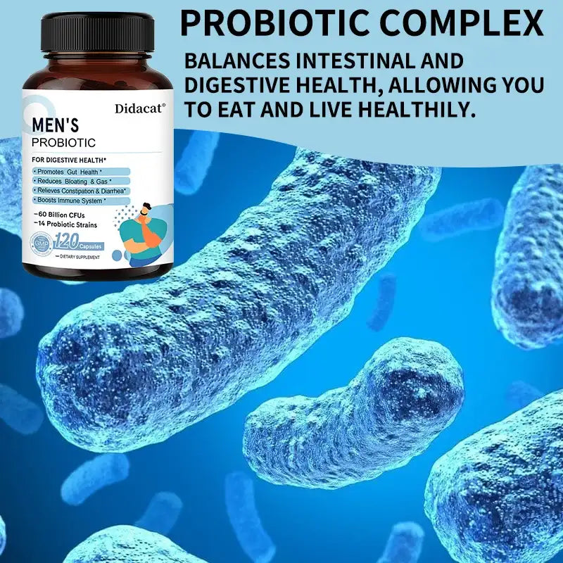 Mumzar men's probiotic supplement in a bottle with blue probiotic bacteria imagery for digestive health
