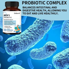 Mumzar men's probiotic supplement in a bottle with blue probiotic bacteria imagery for digestive health