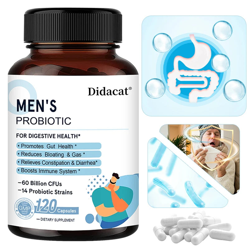 Mumzar men's probiotic supplement in a bottle with 120 capsules for digestive health and gut support