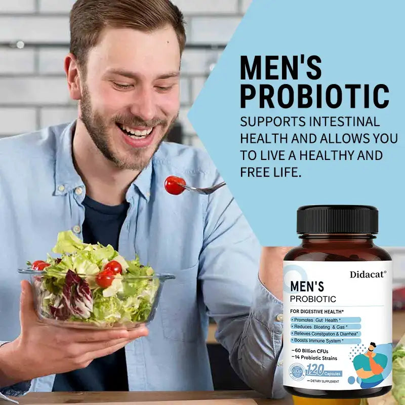 Mumzar men's probiotic supplement bottle next to a man enjoying a salad for digestive health