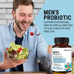 Mumzar men's probiotic supplement bottle next to a man enjoying a salad for digestive health