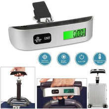 Digital luggage scale on bag with green LCD, black buttons, and strap attachment