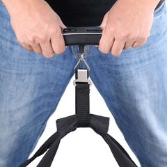 Hands holding ULTECHNOVO digital luggage scale for travel with bag strap attached for weighing