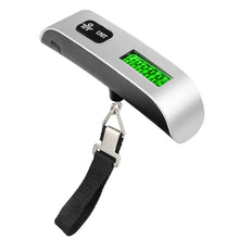 Silver luggage scale with green LCD screen and black hanging strap, metal S-hook