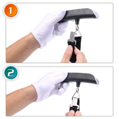 ULTECHNOVO digital luggage scale for travel held by hands wearing white gloves showing strap attachment steps