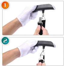 Two-step luggage scale setup: gloves attach the black strap and hook to luggage