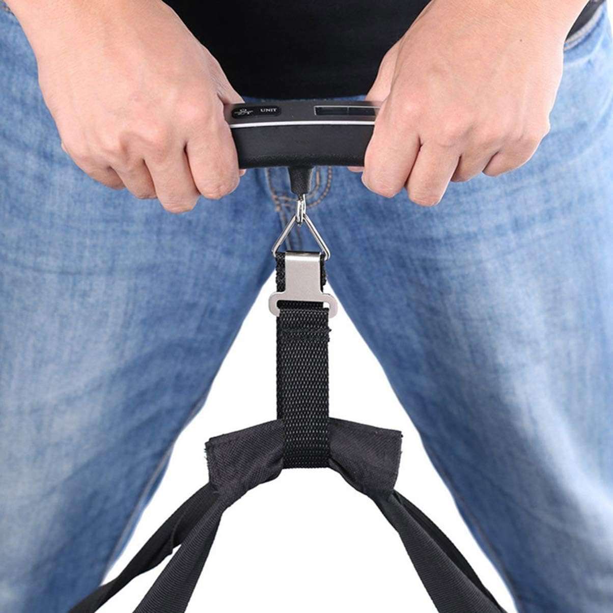 ULTECHNOVO digital luggage scale for travel held by hands weighing black suitcase straps