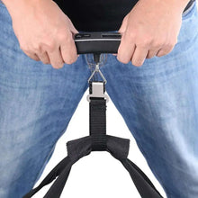 Digital luggage scale with black webbing strap and metal hook, no visible display