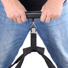 ULTECHNOVO digital luggage scale for travel held by hands weighing black suitcase straps