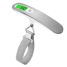 Portable digital luggage scale with LCD display, gray body and hanging strap