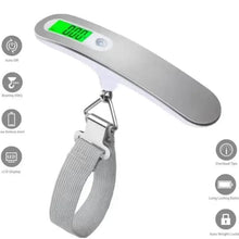 Portable digital luggage scale with LCD screen and hanging strap, gray finish