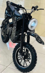 Rohan Wings off-road electric scooter for adults black frame knobby tires round headlight cracked white graphics