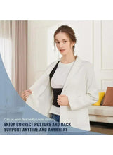 Posture corrector worn under clothing, black back brace with turquoise accents