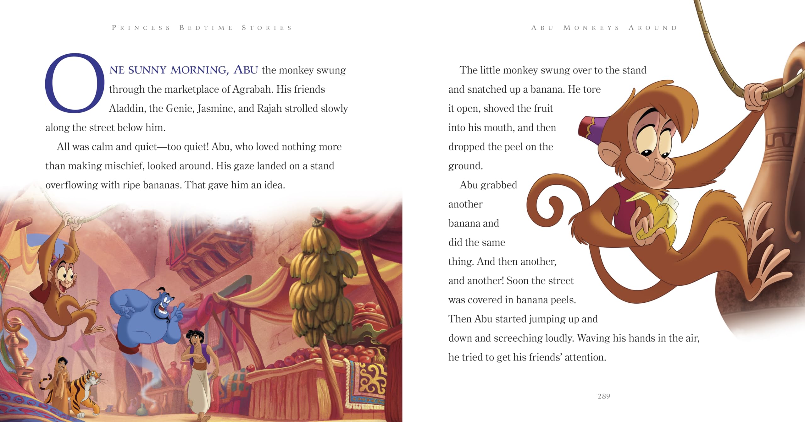 Princess bedtime stories book page featuring Abu the monkey swinging through the marketplace in a colorful illustrated scene