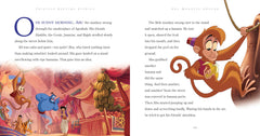 Princess bedtime stories book page featuring Abu the monkey swinging through the marketplace in a colorful illustrated scene