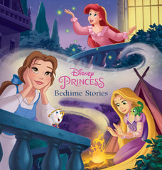 Disney Princess bedtime stories book cover featuring Belle, Ariel, and Rapunzel around a campfire