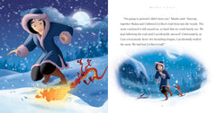 Princess bedtime stories book open to a snowy scene with a girl in a hooded coat and a small dragon in a magical forest