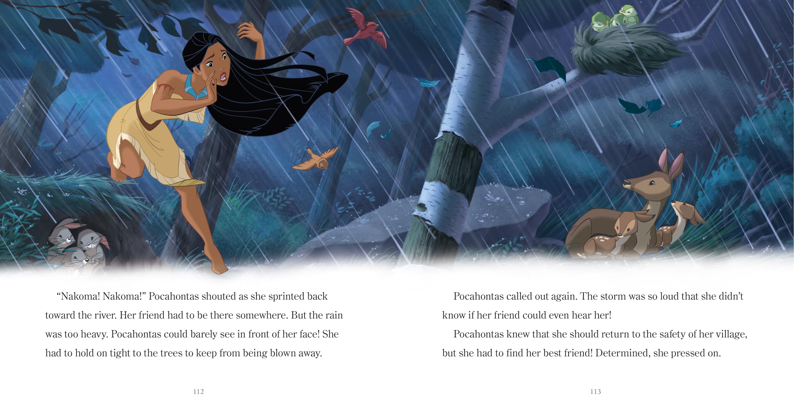 Illustrated princess bedtime stories book showing Pocahontas running in a rainy forest scene