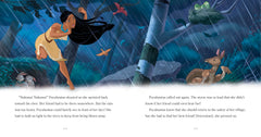 Illustrated princess bedtime stories book showing Pocahontas running in a rainy forest scene