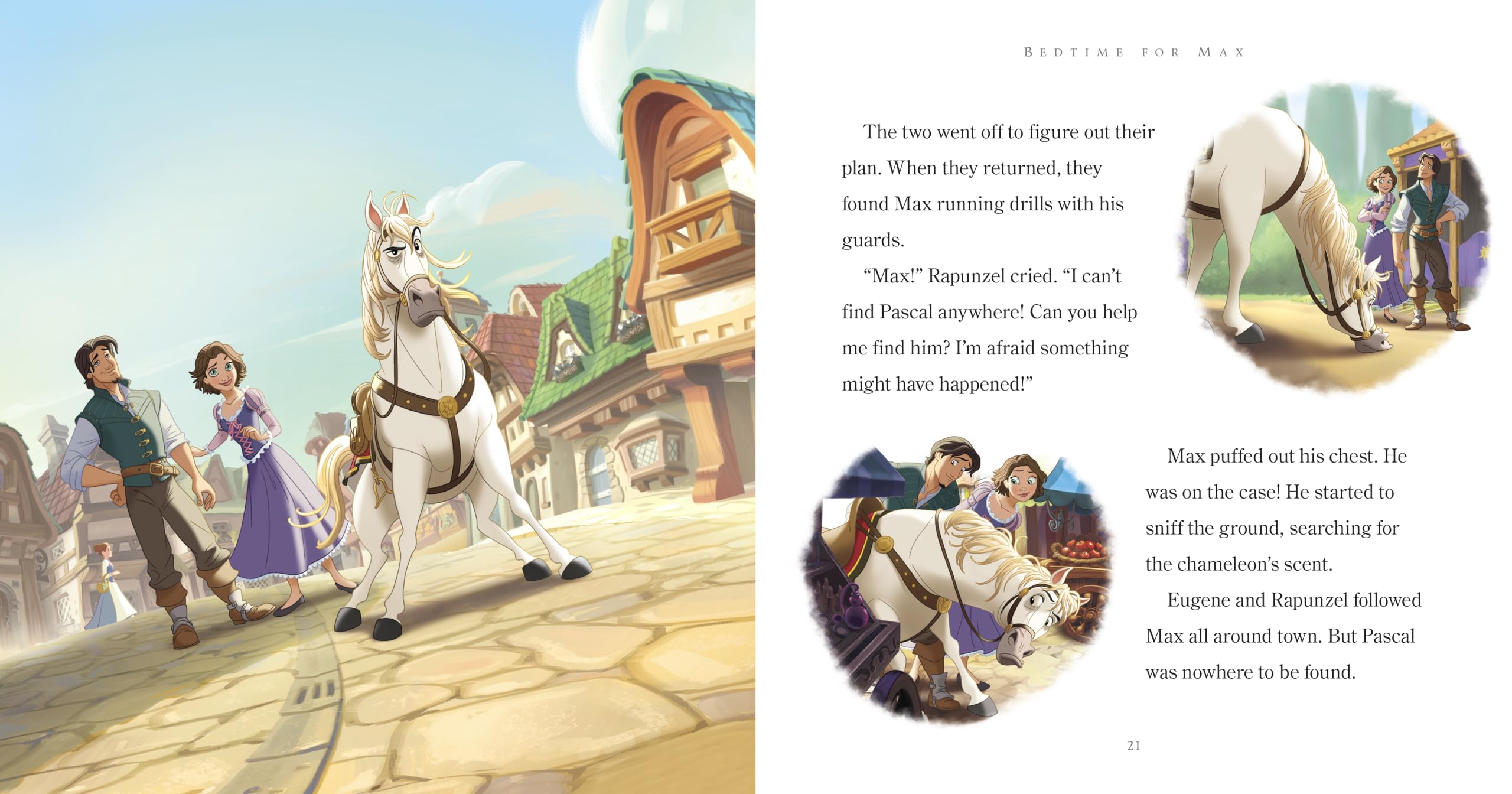 Princess bedtime stories book illustration showing a white horse and children in a village setting