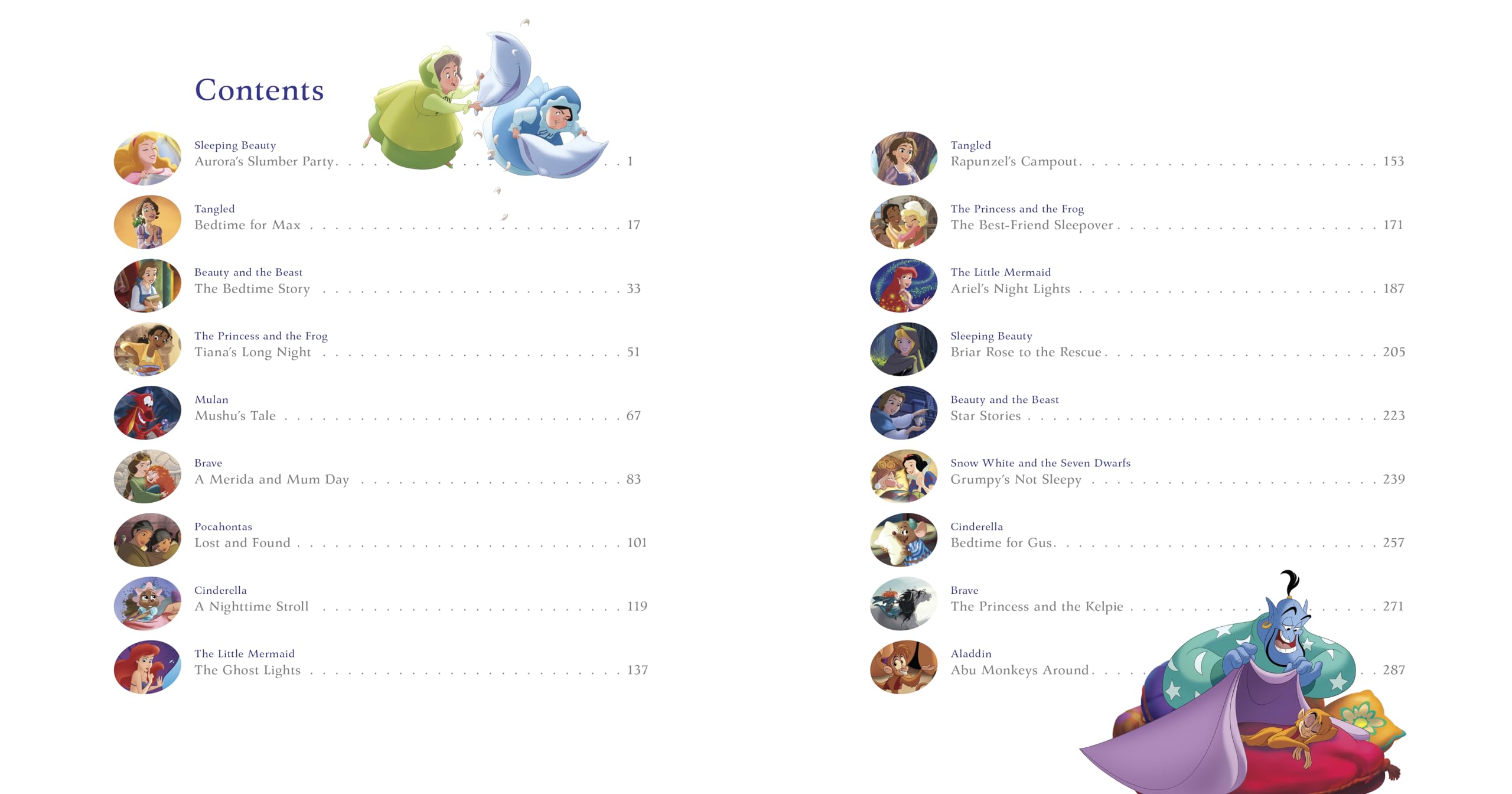Contents pages of a princess bedtime stories book featuring colorful character illustrations