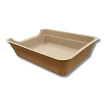 Disposable cat litter basin, tan rectangular tray with raised sides and smooth inner base.