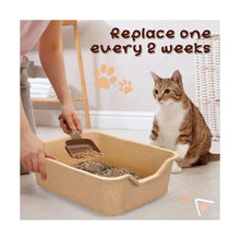Disposable cat litter basin filled with litter, tan open rectangular tray with low rim.