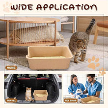 Disposable cat litter basin, tan tray with low rim and empty inner surface on the floor.